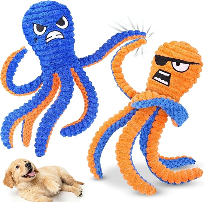 Zeaxuie Interactive Dog Toys, 2 Pack No Stuffing Dog Toys for Teething, Squeaky Chew Toy to Keep Them Busy for Small and Medium Breed, Crinkle Octopus