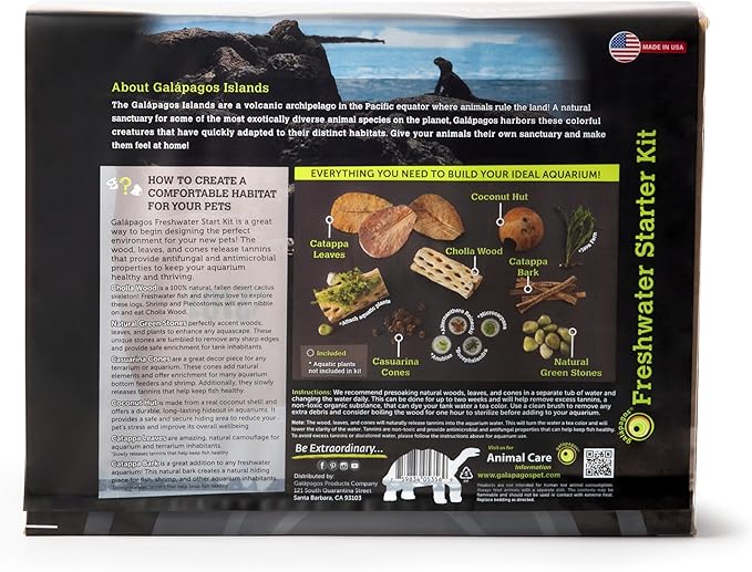 Galápagos (05356) Freshwater Starter Kit - Natural Aquarium Accessories with Cholla Wood, Catappa Leaves, Coconut Hut & More, Ideal for Betta, Goldfish & Live Freshwater Fish, 4.5 Quarts