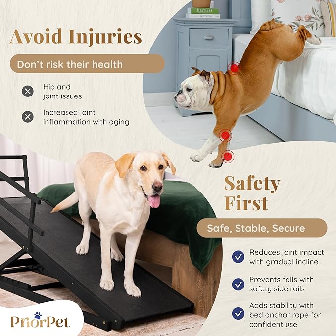 Dog Ramp for Bed with Safety Rails for High Beds up to 37" – Extra Wide 19.5" Adjustable Dog Bed Ramp for Large Dogs up to 200 lbs – Solid Birchwood, Non-Slip Rubber Surface, Foldable Design – Black