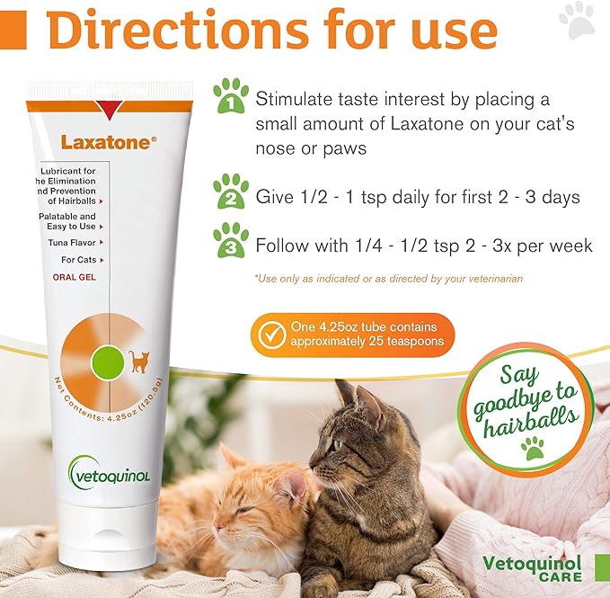 Vetoquinol Laxatone Oral Hairball Lubricant Gel for Cats – Tuna-Flavored, 4.25oz (2 Pack) – Lubricant for Helping w/Hairball Prevention & Elimination