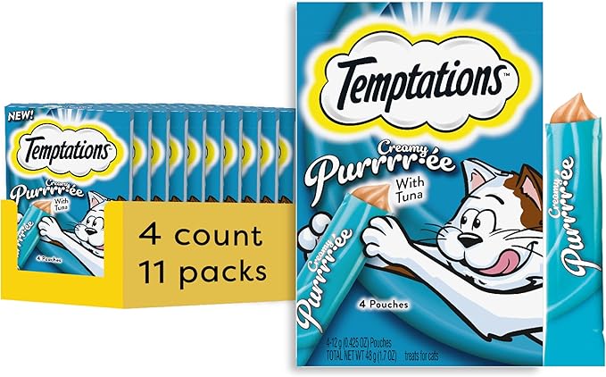 Temptations Creamy Puree Squeezable Lickable Cat Treats, Wet Cat Treats with Tuna, 0.42 oz. Tubes, 4 Count, Pack of 11 (44 Total)