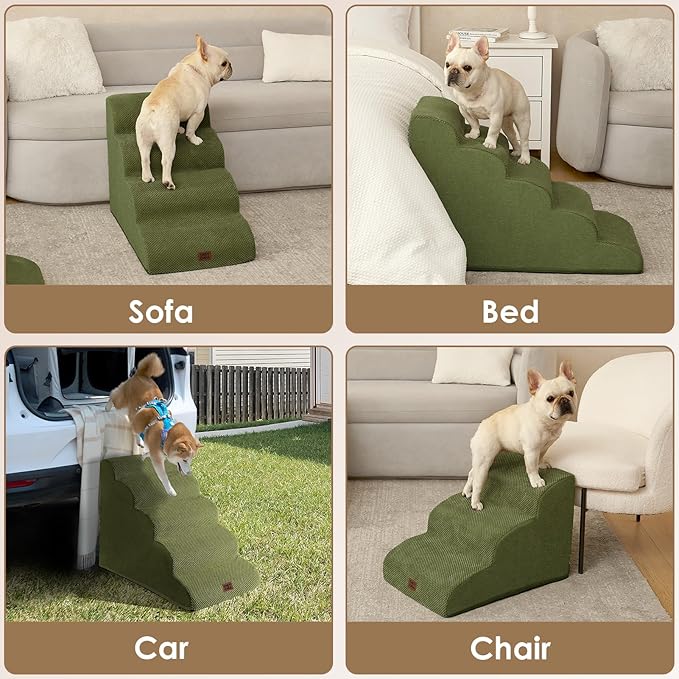 EHEYCIGA Curved Dog Stairs Ramp for High Beds 22.6" H, 5-Step Dog Steps for Small Dogs and Cats, Pet Stairs for High Bed Climbing, Non-Slip Balanced Pet Step Indoor, Olive Green
