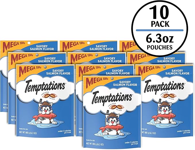 Temptations Cat Treats Classic Crunchy and Soft Cat Treats, Savory Salmon Flavor, 6.3 oz. Pouch (Pack of 10)