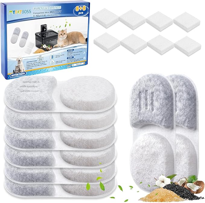 8+8 Pack Pet Fountain Filter Replacement Compatible with MAILOFY 14L/3.7Gal Stainless Steel Dog Water Fountain, 4-Layer Filter System with Activated Carbon for Dog Water Filter Replacement