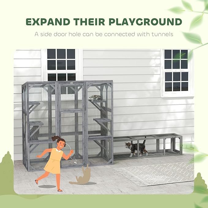 PawHut Catio Outdoor Cat Enclosure, Large Wooden Cat House with 6 Jumping Platforms, Weatherproof Roof, Outdoor Cat Cage Cat Shelter for 1-3 Cats, 59" x 28" x 60", Gray