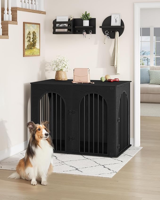 44.1" Wooden Dog Crate Furniture, Indoor Dog Kennel Dogs Cage for Small/Medium/Large Dogs, Heavy Duty Dog Crates Decorative Pet House End Side Table TV Stand, Black DFC83904B