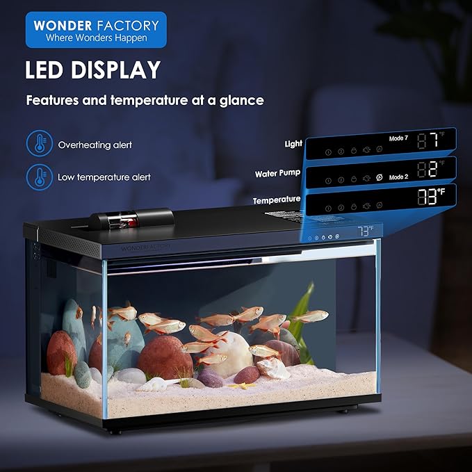 Wonderfactory Smart Aquarium Fish Tank 5 Gallon Starter kit, Self Cleaning System Efficiency Filter 7 Color LED Lights Automatic Feeder Temperature Display Monitor HD Glass, Smart Control with Apps