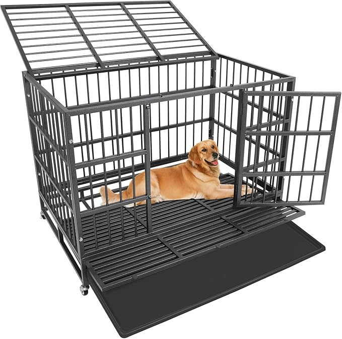 47 Inch Heavy Duty Dog Crates, Dog Kennel for Meduim Dogs, Indestructible Dog Crate with Double Door and Removable Tray Pan (47" L X 30" W X 35" H)