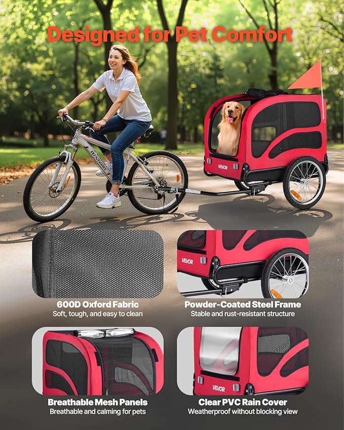 VEVOR Dog Bike Trailer, Supports up to 100 lbs, Pet Cart Bicycle Carrier, Easy Folding Frame with Quick Release Wheels, Universal Bicycle Coupler, Reflectors, Flag, Collapsible to Store