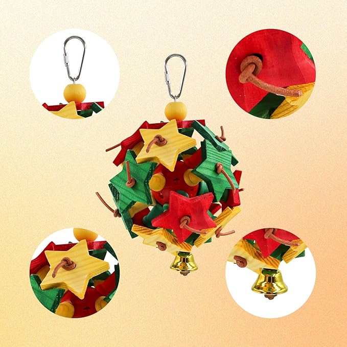 Interactive Bird Toy with Wooden Star Blocks & Leather Knots – Hanging Foraging Ball with Bell for Parrots, Cockatiels, Conures | Cage Climbing & Beak Exercise Toy