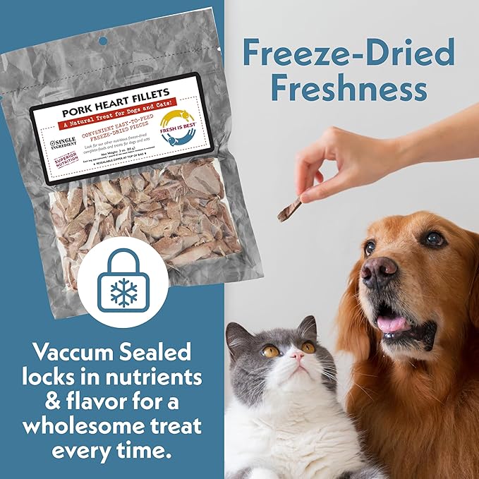 Fresh Is Best Freeze Dried Dog Treats – Raw Freeze Dried Treats for Dogs & Cats in Resealable Zipper Bag – High-Protein Single Ingredient Pork Heart Fillets – Made in The USA