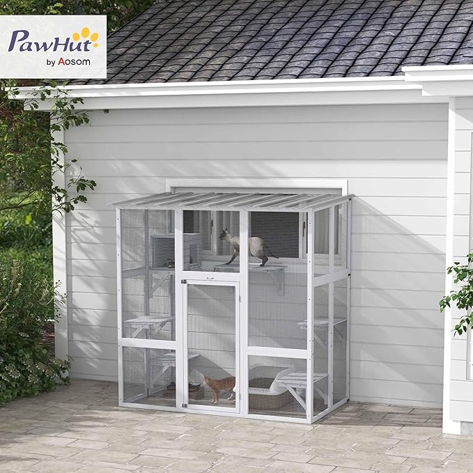 PawHut Catio Outdoor Cat Enclosure Window Box, Wooden Cat House Playground with Scratching Posts, Weather Protection Roof for 1-2 Kitties, Resting Boxes, 68" x 35.5" x 70.5", White
