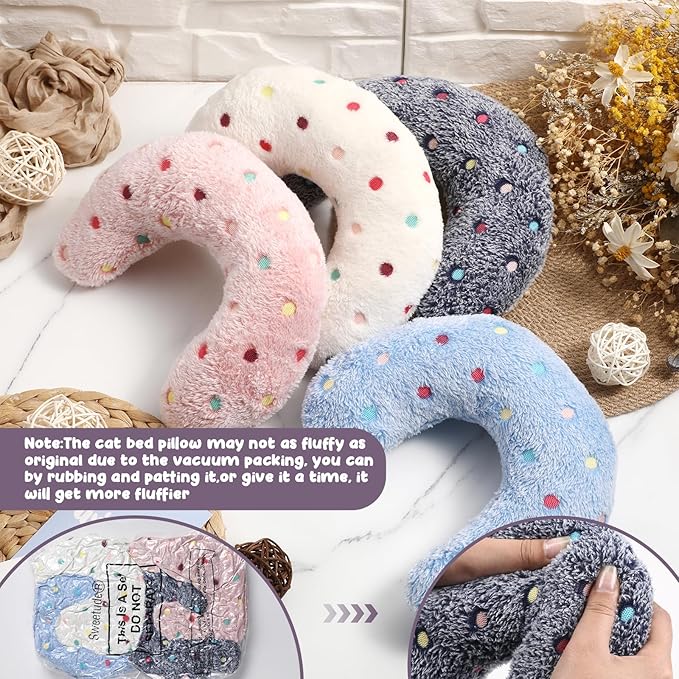 Sweetude 4 Pcs Pillows for Cats Puppy Bed Fluffy Pet Calming Soft Gifts Half Donut U Shaped Pet Neck Pillow Training Joint Relief Cervical Protection(Polka Dot,Medium)