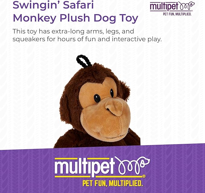 Multipet Swingin' Safari Monkey Dog Plush Toy - Squeaky Dog Toy for All Dogs - Extra Soft Plush Dog Toy - Stuffed Animal Dog Toy for Cuddling & Playing - Cute Dog Pet Toy (27”, Brown, 5 Squeakers)