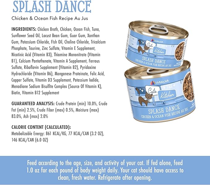 Weruva Cats in The Kitchen, Splash Dance with Chicken & Ocean Fish Au Jus Cat Food, 6oz Can (Pack of 24)