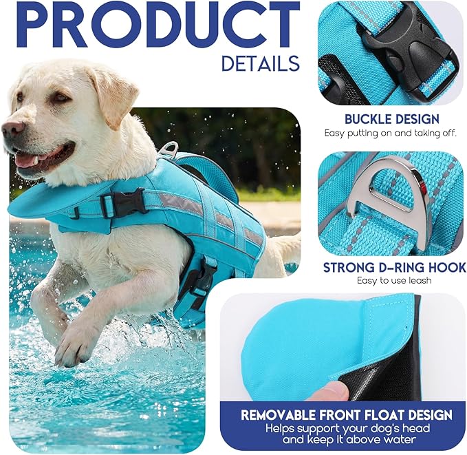 ASENKU Removable Front Float Dog Life Jacket, High Buoyancy Dog Life Vest with Reflective Strips & Rescue Handle for Swimming & Boating, Adjustable Life Jacket for Dogs(Blue XL)