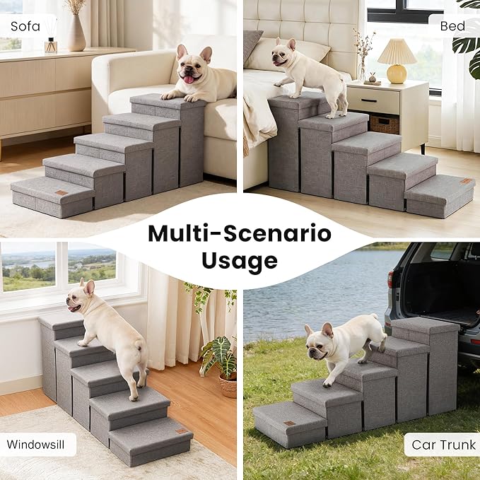 Love's cabin Dog Stairs for High Bed 22" H, Foldable Pet Stairs for Small Medium or Large Dogs Puppy with Storage for Bed or Couch, Cat Dog Steps Ramp with Zip up to 200 lbs, Solid Grey, 5 Steps