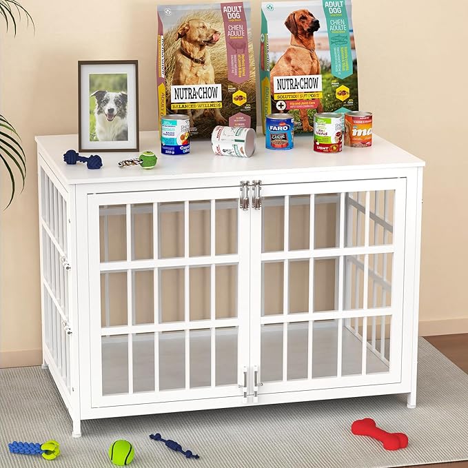 Heavy Duty Dog Crate Furniture – Indestructible Furniture Style Dog Kennel with Wooden Table Top, Escape-Proof Crate for High Anxiety Dogs, Decorative Indoor Pet House with Double Doors & Secure Locks