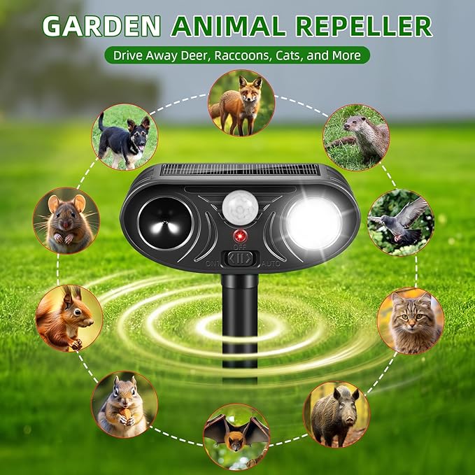 2026 Solar Ultrasonic Racoon Fortress Pro, Deer Cat Repellent Devices Animal Repeller Squirrel Rabbit Deterrent Outdoor with Motion Sensor&Flash Light to Scare Dog Skunk Out of Garden Yard(4Pack)