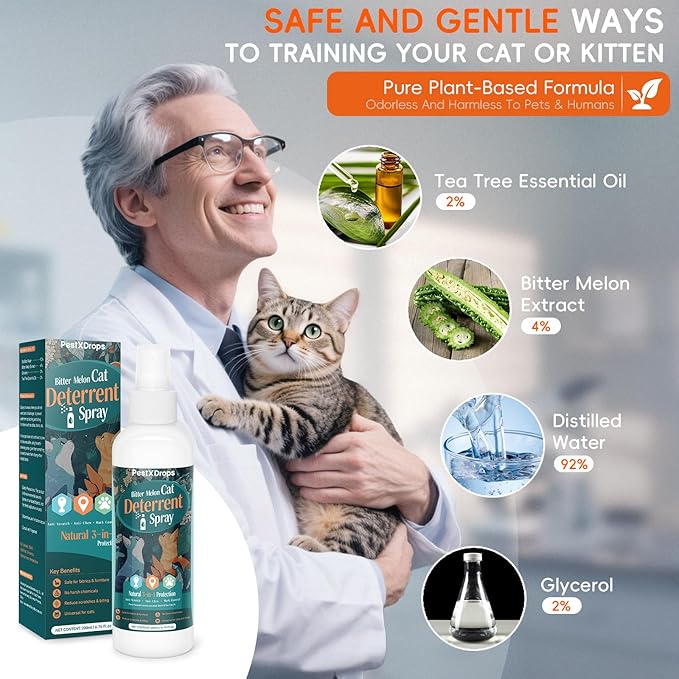 Natural Cat Deterrent Spray, Cat Repellent Spray for Indoor Use, Safely Stops Furniture Scratching, Urine Marking, Pee Everywhere, Plant Chewing, Cat Training Spray for Sofa, Rugs, Chairs, 200ml