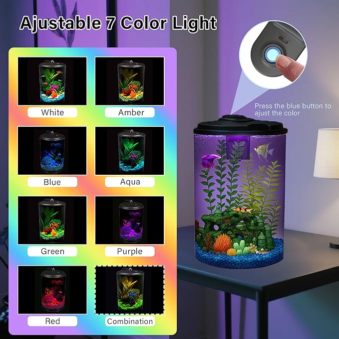 Koller Products Plastic 6-Gallon AquaView 360 Aquarium Kit for Tropical Fish, Betta Fish with LED Lighting and Power Filter Clear, 4-Piece Set