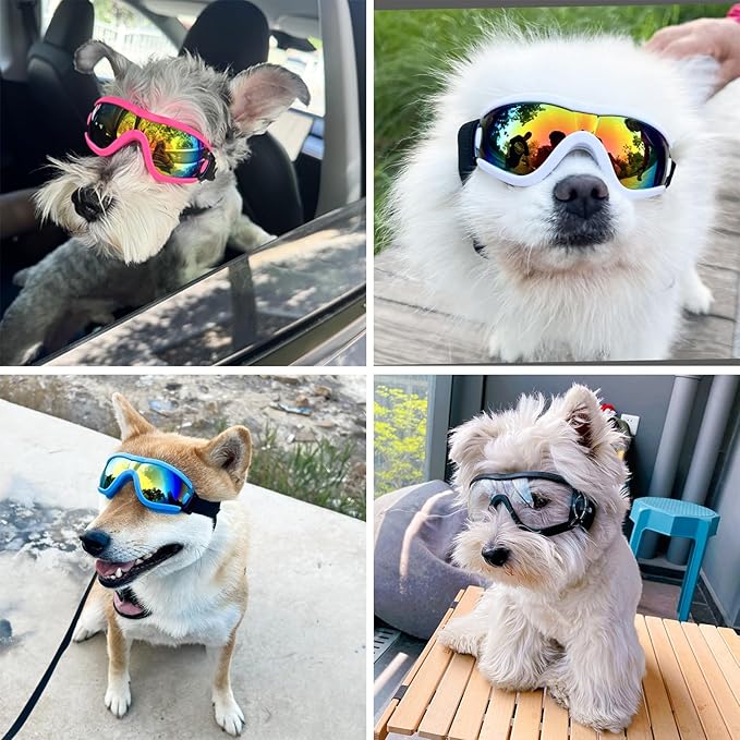 Dog Goggles Small Breed Dog Sunglasses with Adjustable for UV Protection Eyewear Doggy Doggie Puppy Glasses Anti-Fog Wind Dust Snowproof (White Frame Red Lens)