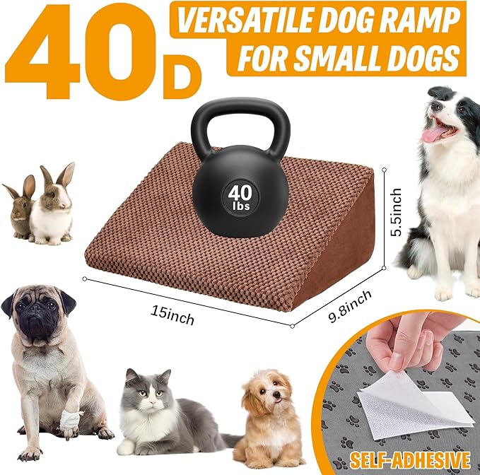 40D Dog Ramp for Stairs for Small & Senior Dogs and Cats – Non-Slip Stair Ramp for Dogs with Gentle Slope, Pet Ramp with Washable Cover & Self-Sticky Pads for Safe Climbing Easy Install(Brown, 3 Pack)