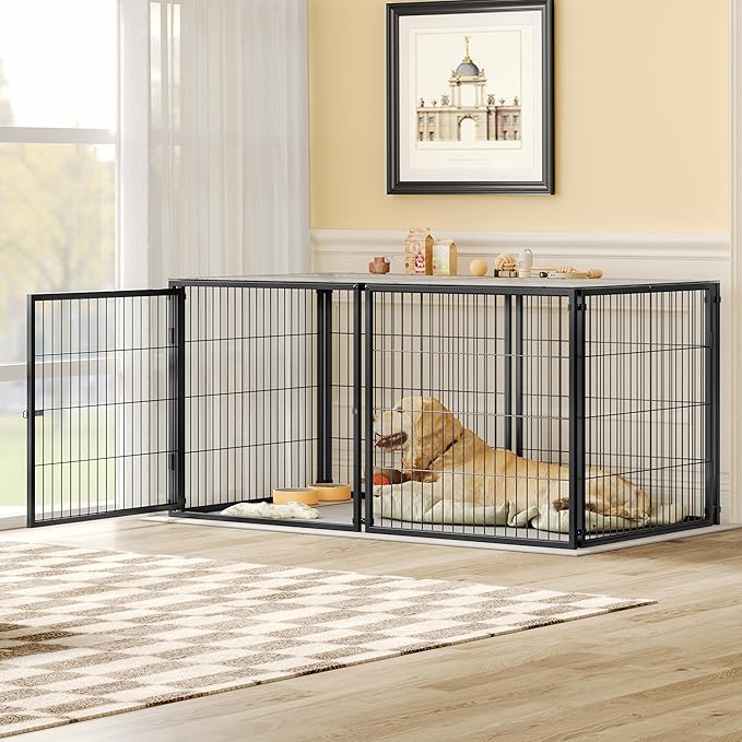 Nyahab 63.7" Large Dog Cage for Medium Dogs and Puppies, Indoor Metal Kennel Playpen with Removable Top Cover, Heavy-Duty Pet Crate with Adjustable Door, Black