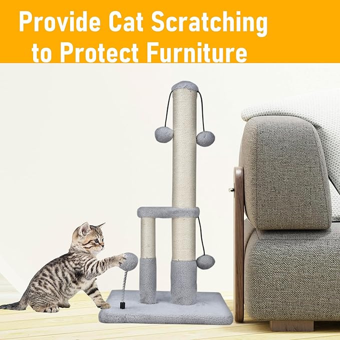 Dimaka Tall Cat Scratching Post, Double Lower Posts Extra Stable Cat Post Tree Scratcher with Sisal Rope and Teasing 4 Balls Total Large Base (Grey)