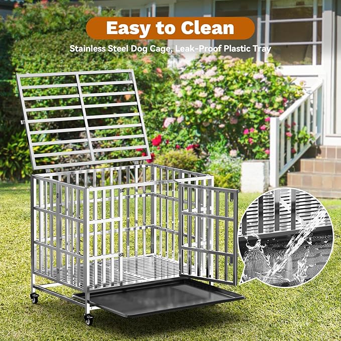 37" Heavy Duty Dog Crate, Escape Proof Stainless Steel Dog Kennel with Top Opening, 4 Lockable Wheels, Easy Clean Metal Dog Cage for Medium-Large/Anxious Dogs