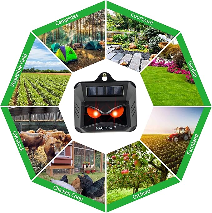 MAGIC CAT 4 Pack Solar Animal Repeller Outdoor, 2024 Nocturnal Animal Predator Deterrent with Red Lights, Waterproof Skunk Deer Coyote Raccoon Squirrel Cat Repellent for Garden Yard Farm Chicken Coop