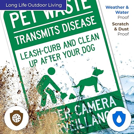 Pet Waste Leash-Curb and Clean Up After Your Dog Under Camera Surveillance Sign, 12x18 Inches, 55 mil Thick HDPS (high Density polystyrene), Made in USA