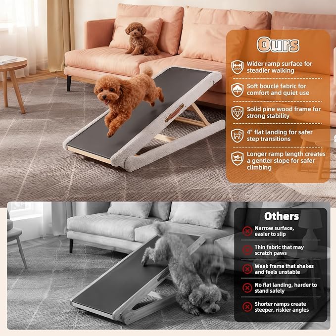 Dog Ramp for Bed – Foldable Wooden Pet Ramp with Soft Plush Fabric Cover 14"–20" Adjustable Height, Non-Slip Surface & Wide 17.7" Platform–Supports Small to Large Dogs up to 200 lbs