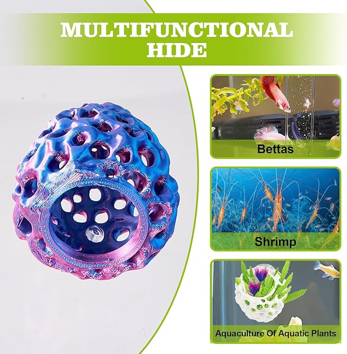 Shrimp Dome Hide, Shrimp Hides for Aquarium, Betta Fish Hideout with Suction Cup, Betta Habitat Tank Ornament Accessories, Aquarium Decor for Small Fish Guppy Hiding Resting (Lid Blue Red)