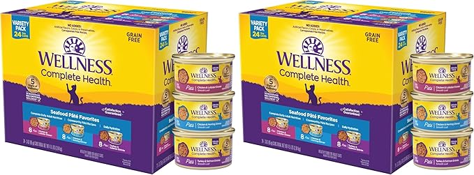 Wellness Complete Health Pate Adult Wet Cat Food,Natural,Protein-Rich,Grain-Free,3 Ounce,(Seafood Favorites Variety Pack),(Pack of 48)