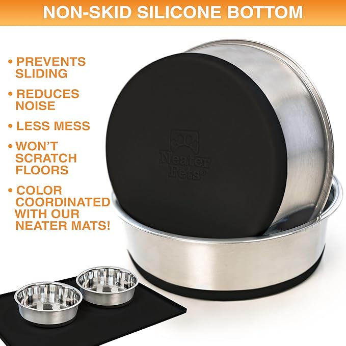Neater Pet Brands Stainless Steel Dog Bowls with Non-Slip Rubber Bottom – Set of 2, 8 Cup (64 oz), Black - Heavy Duty Metal Dog Bowl, Dishwasher Safe, Food or Water Bowl, Ideal for Large Dogs
