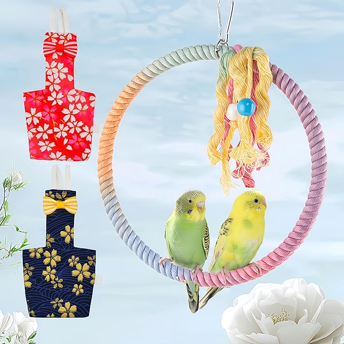 2 Pcs Bird Diapers Bird Harness Flight Suits Diapers with 80in Flying Leash Reusable Parrot Nappy with Waterproof Inner Layer for Cockatiel Budgie Conure Parakeet Lovebird-Red&Dark Blue