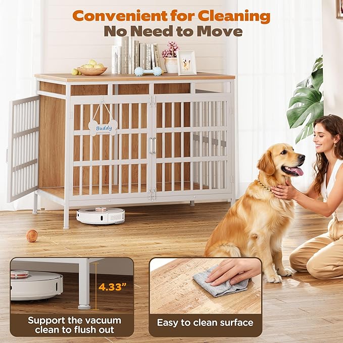 Extra Large Dog Crate Furniture, Heavy Duty Dog Kennel for Small Medium Large Dogs, Double Doors Indoor Decor Pet House Cage, Anti Escape Wooden Dog Cage with Name Tag End Table, TV Stand, Beige