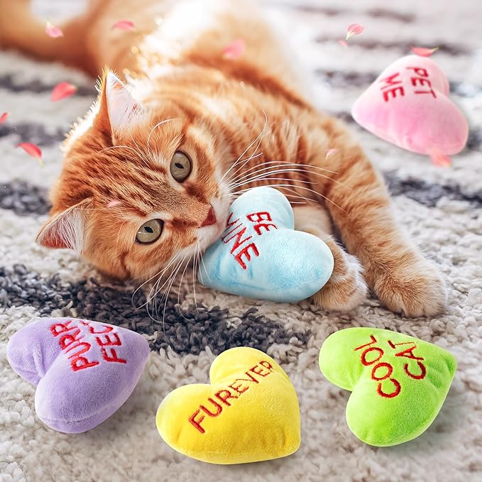 MALLMALL6 5Pcs Valentine’s Day Conversation Heart Candy Catnip Toys for Cat, Catmint Interactive Kitten Teething Chew Kick Toy for Indoor Cats, Soft Pet Sweetheart Gift Supplies