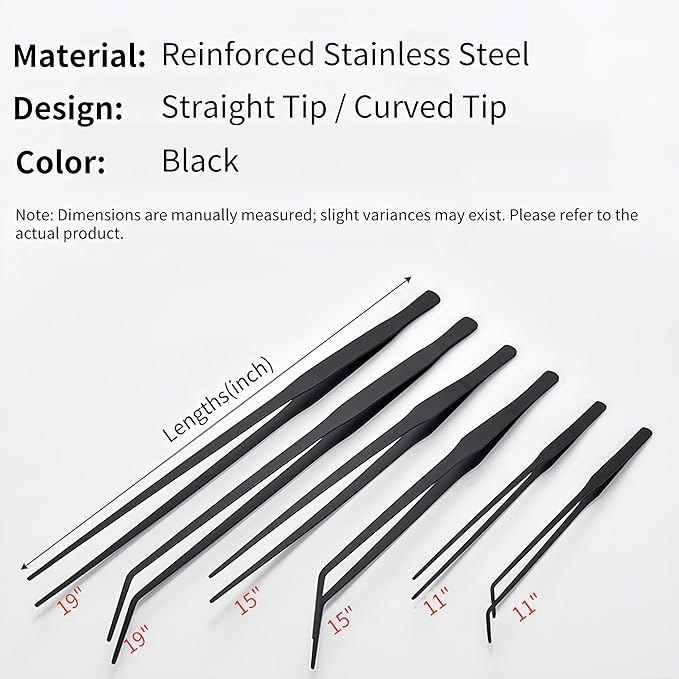 Stainless Steel Long Reptile Feeding Tweezer Set,2pcs/Pack,11''/15''/19'' Feeding Tongs,Thickened Non-Slip Handle with Straight & Curved Tips for Aquariums, Turtles, Lizards (2pcs-11'')