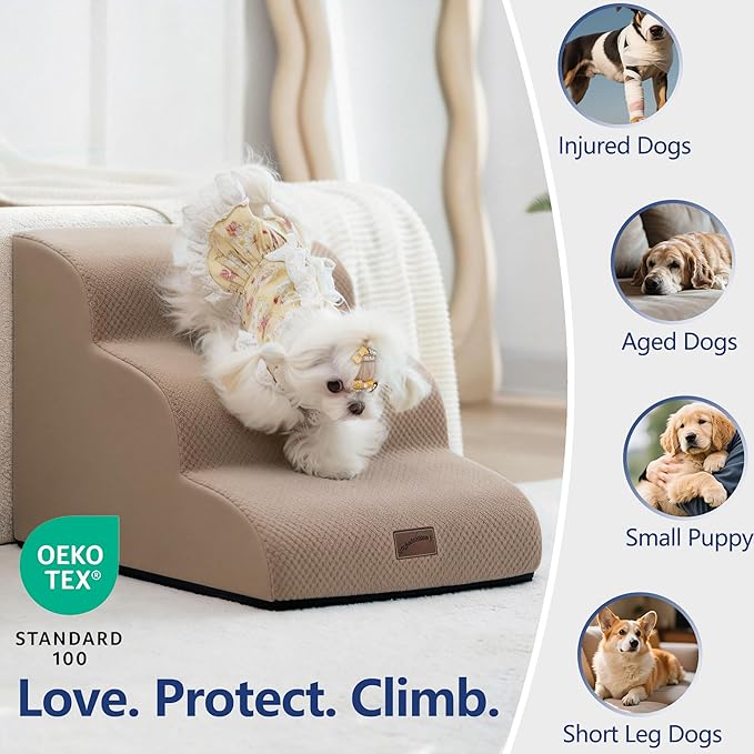 gogobunny Ramp Cat Dog Stairs for Beds, Cat Slope Stairs with Durable Waterproof Fabric Cover, Pet Steps for Old Large Dogs Climbing (Camel, 3-Step (22.4" D x 15.7" W x 15.7" H), 3)