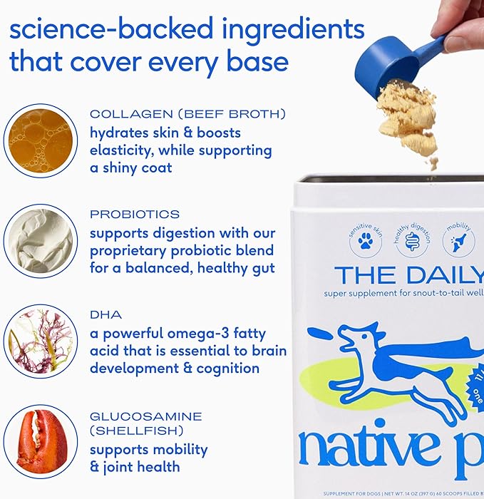Native Pet Dog Vitamins & Supplements - 11-in-1 Vitamin Powder for Dog Food Topper (60 Scoops) & Omega 3 Fish Oil for Dogs & Cats - Promotes Healthy Skin, Shiny Coat, & Strong Joints (8 Oz)