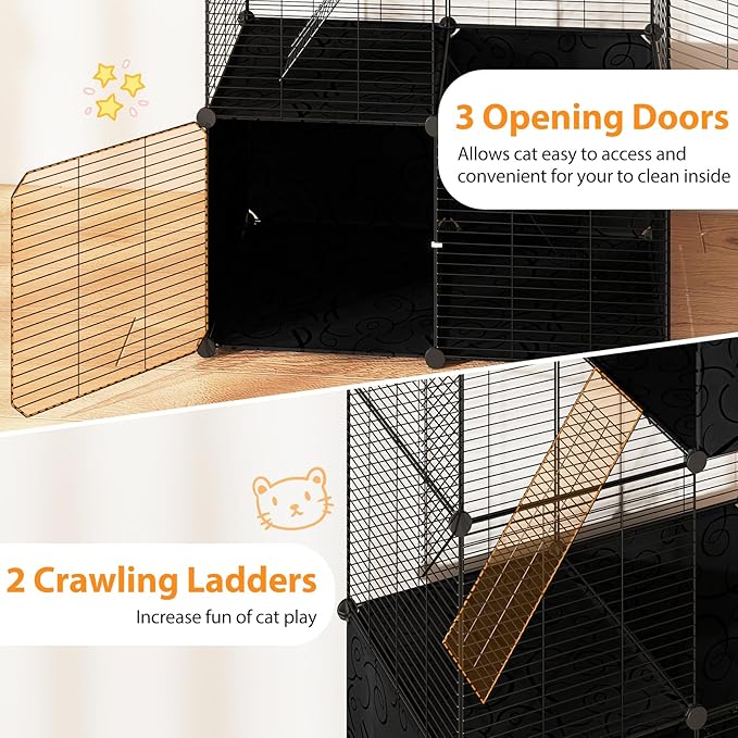 Tangkula Cat Cages Indoor, 3-Tier Large Cat Enclosure with 2 Ladders, 3 Doors, Detachable Metal Wire Kennel for Indoor Cats to Play and Rest, DIY Cat Crate & Pet Playpen Catio for Small Animals