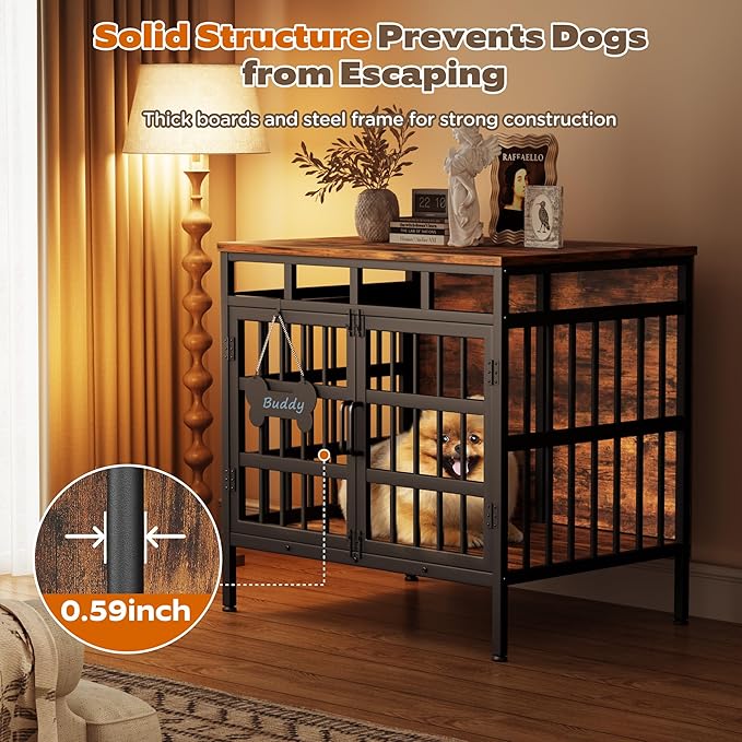 Dog Crate Furniture for Medium Dogs, Wooden Dog Kennel Furniture for Small Dogs, Double-Doors Sturdy Metal Dog Cage for Anxiety Dog, Anti Escape Wooden Cage with Name Tag End Table, TV Stand Brown