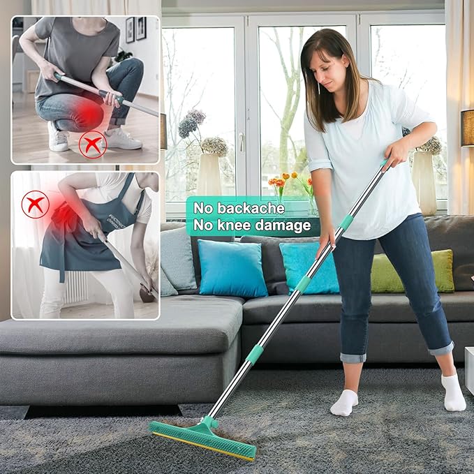 Carpet Rake for Pet Hair Removal, Reusable Pet Hair Remover Broom, 60'' Adjustable Long Handle Dog and Cat Hair Remover Tool Set of 3, Lint Remover Scraper for Carpets, Rugs, Mats, Couch, Car
