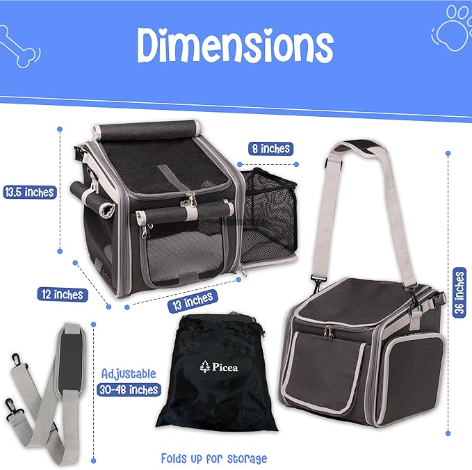 Dog Bike Basket, Mesh Windows, 2 Safety Leashes, Soft Sided, Safe Comfortable Pet Carrier for Small Dogs, Cats (Black)