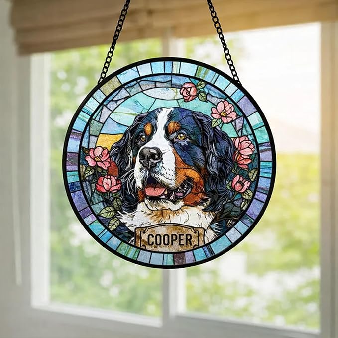 LOVELYPOD Personalized Dog Portrait Stained Glass Suncatcher, Custom Pet Memorial Stained Glass Photo Suncatcher, Dog Loss Keepsake, Pet Loss Gift, Christmas Ornament for Family