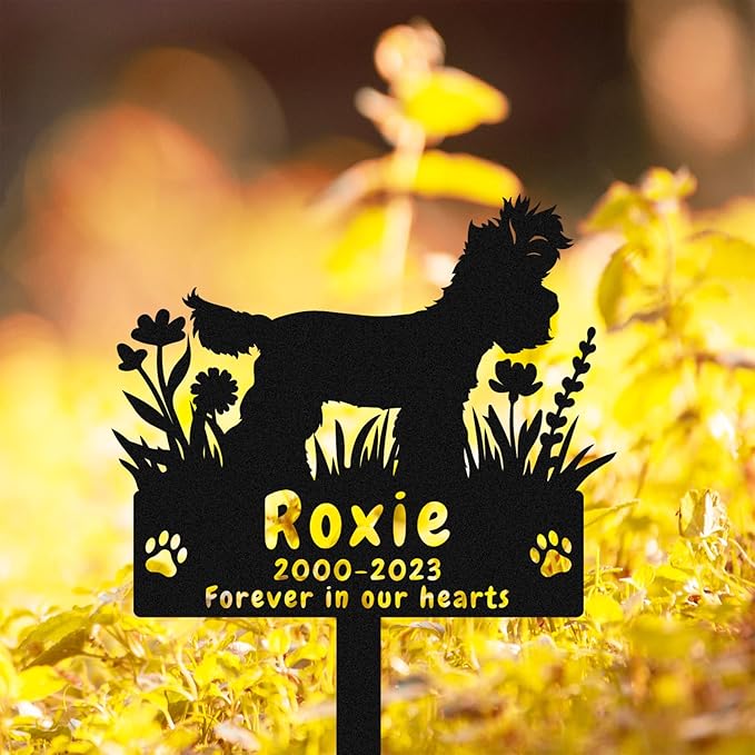 Custom Yorkshire Terrier Dog Memorial Grave Marker Stake, Personalized Yorkshire Terrier Memorial Stake Grave Marker, Metal Flowers Yorkshire Terrier Memorial Yard Garden Stake Sign
