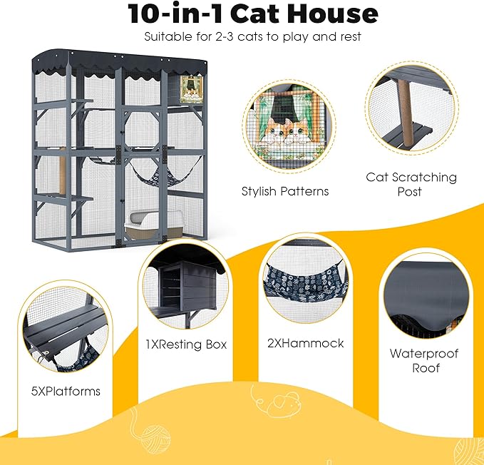 COZIWOW 72Inches Large Wood Catio Outdoor Cat Enclosure with Waterproof Roof, Multi-Level Cat House for 2-3 Cats, Spacious Perches, Hammock, and Scratching Post（Grey Fashion Pattern）
