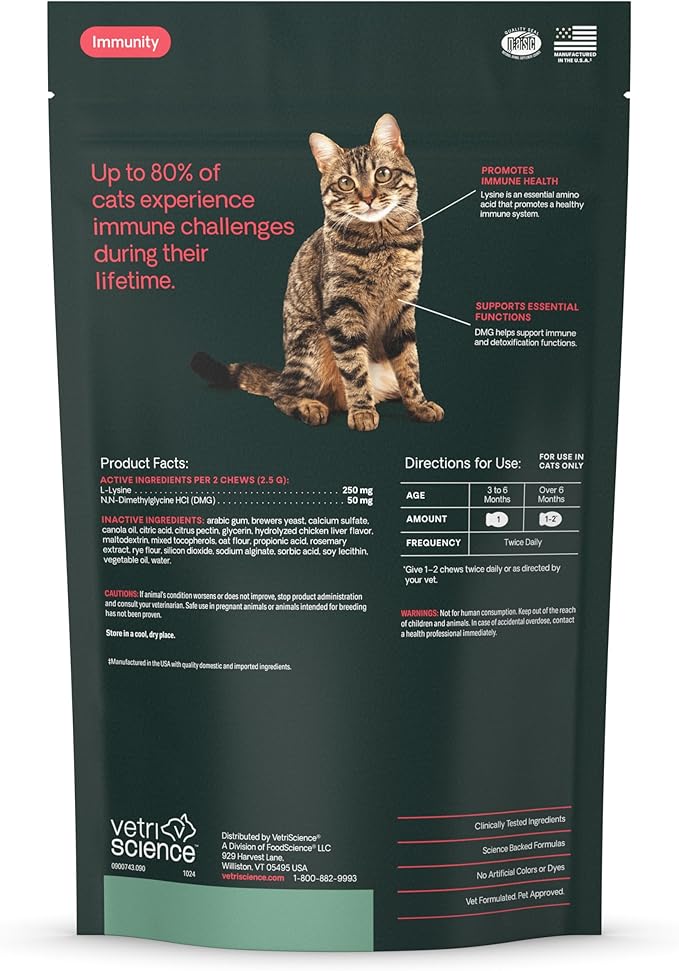 VetriScience Lysine Immunity Health Chews, 250 mg Lysine Plus Immune Supplement for Cats and Kittens with Allergies, Sneezing, Runny Nose and Watery Eyes, Chicken,90 Count (Pack of 2)